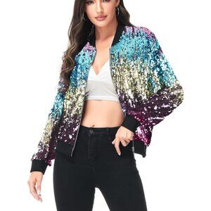 Brand New Women Gradient Color ployester Sequin Zip Bomber Jacket Long Sleeve